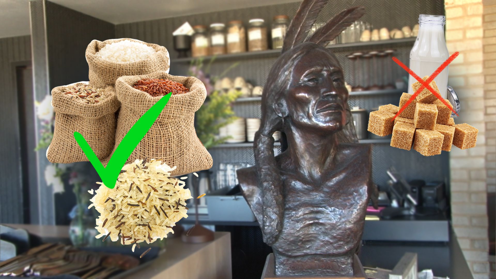 o que significa sonhar com o silvio santos - A bronze bust of an Indigenous American figure sits in a kitchen, overlaid with sacks of rice marked with a green check and milk with sugar cubes crossed out.