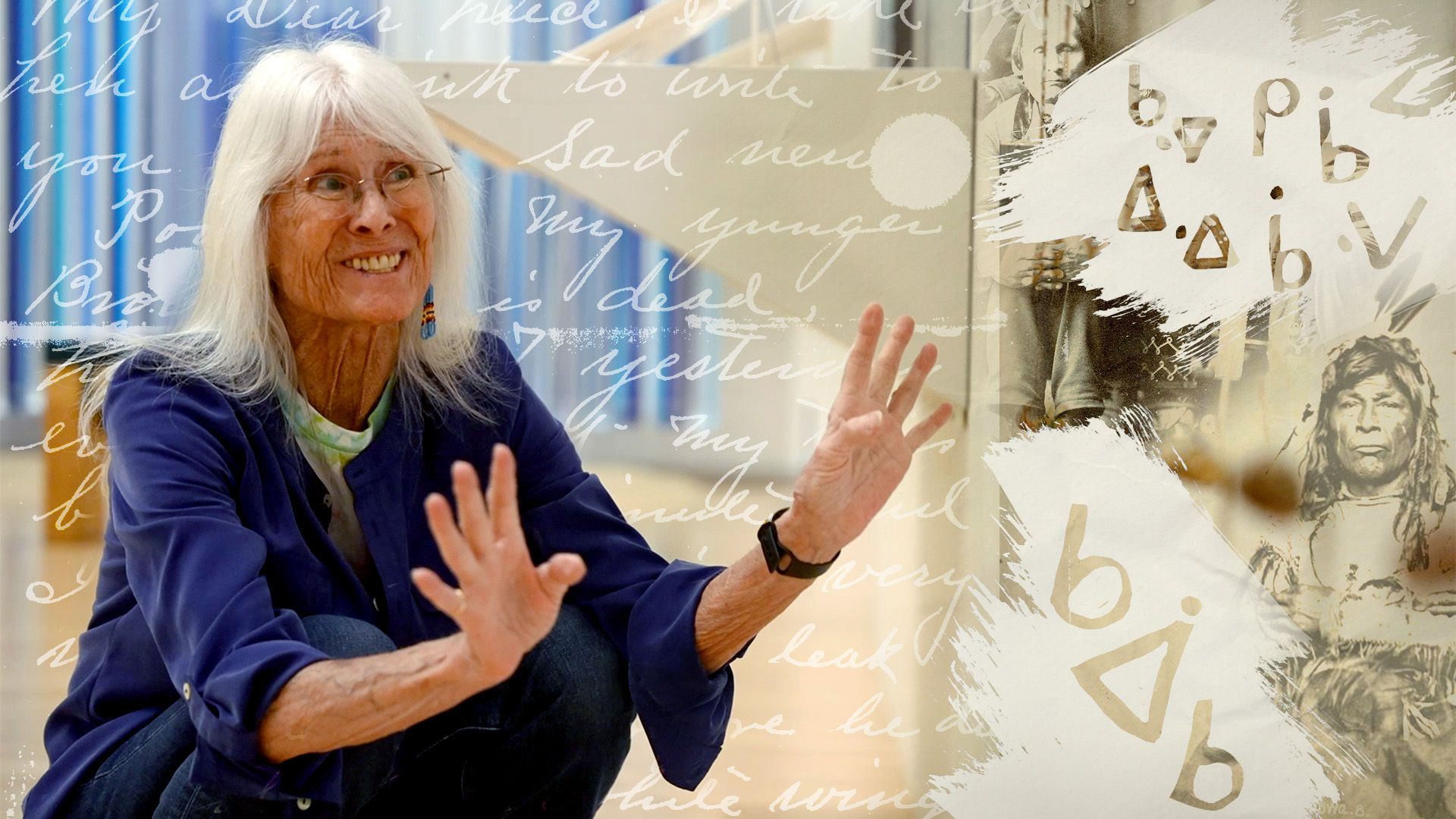 8br - Smiling older woman with long white hair gestures with open hands; collage background of English and Native American writing, paper texture, and vintage portraits.